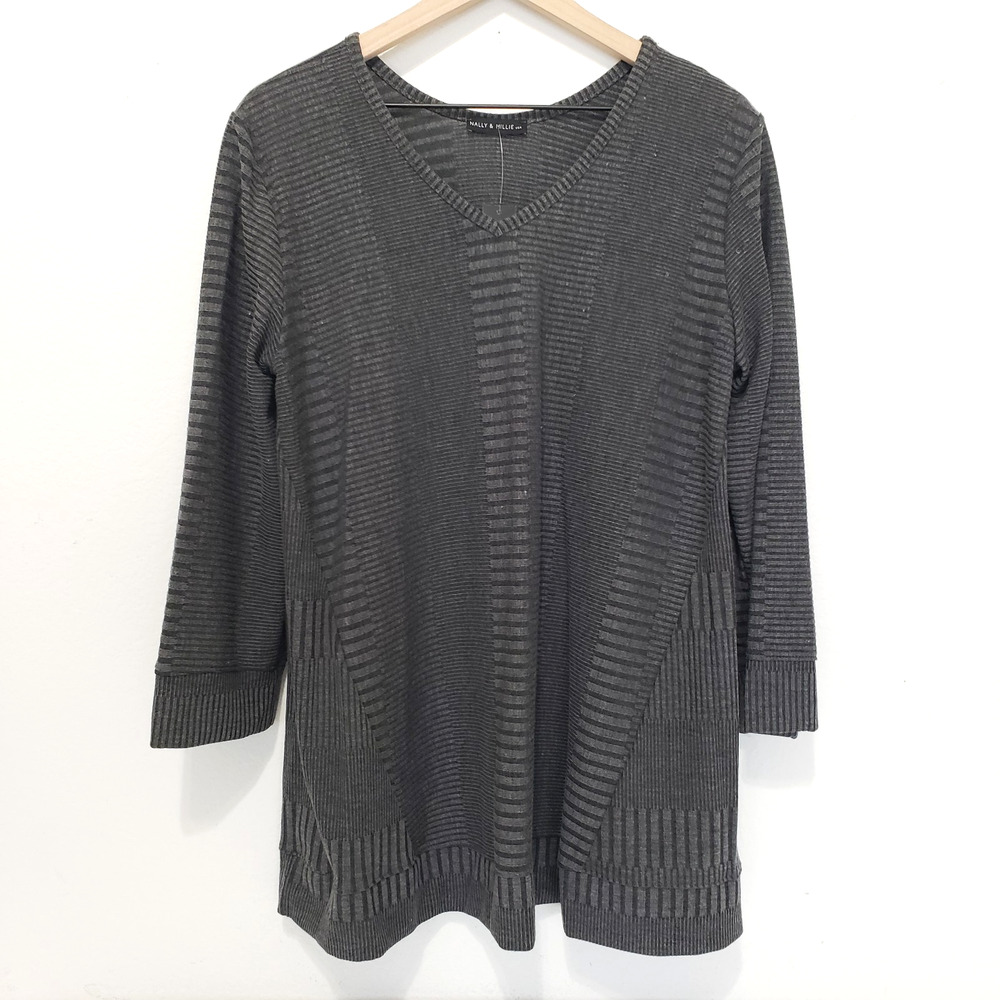 NEW!! Nally & Millie SIZE L / XL Black Gray Slub Knit Tunic 3/4 Sleeve USA MADE